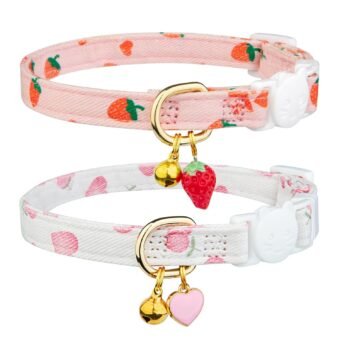 2 Pack Cotton Breakaway Cat Collar Pink Strawberries and White Heart Shaped Pendant Cute Kitten Cat Collar with Bell
