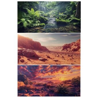 3 Pack Terrarium Background, 36x18 inches Polyester Reptile Background, Cloth Terrarium Background, Gobi Sunshine Cactus Stone & Green Tree Fern Stream Terrarium Background