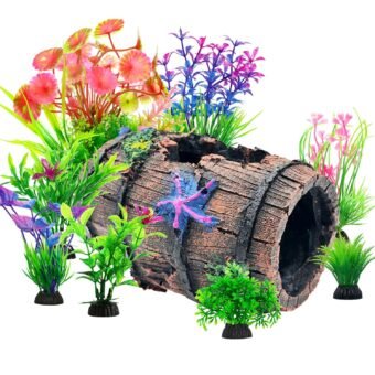 CousDUoBe Fish Broken Barrel Decor Fish Tank Decorations Betta Fish Tank Accessories,Starfish Barrel x 1pc, Fish Tank Plants x 8pcs