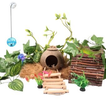 Crested Gecko Tank Accessories，Reptile Vines Plants with Coconut Shell Ladder Hideout Hermit Crab Decor for Bearded Dragon Lizard Chameleon Tortoise Snake