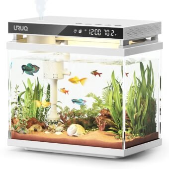 Fish Tank Smart Aquarium Kit: URUQ 2 Gallon Self Cleaning Multi-Layer Filtration System Silent Pump - UHD Glass 7-Color Lighting Temperature Monitoring - Fragrance Diffuser...