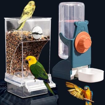 Kenond No Mess Bird Feeder Water Dispenser Set, Automatic Parrot Feeder Cage Accessories, Clear Parakeet Seed Container Food Drinker for Cage, Cockatiel Finch Lovebirds Budgies...