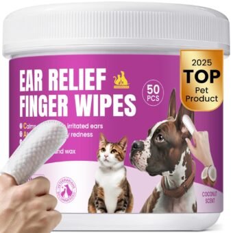Pet Ear Cleaning Finger Wipes for Dogs & Cats - Dog Ear Cleaner with Aloe, Coconut Oil & Ginseng - Finger Dog Ear Wipes to Relieve Ear Itching, Infections, Wax & Smelly Ears -...