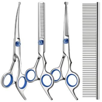 Professional 4 in 1 Dog Grooming Scissors Kit with Safety Round Tips,Sharp & Durable,Dog Shears for Grooming - Includes Straight, Curved, Thinning Scissors and Comb - Premium...