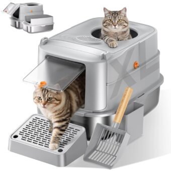 Stainless Steel Cat Litter Box with Lid, XL Extra Large Metal Litter Box for Big Cats, 180° Flip Cover Enclosed Top Entry Litter Boxs with High Sided Enclosure & Scoop,...